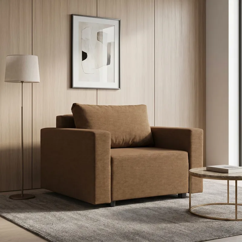 Neo modular folding armchair bed with storage drawer, brown